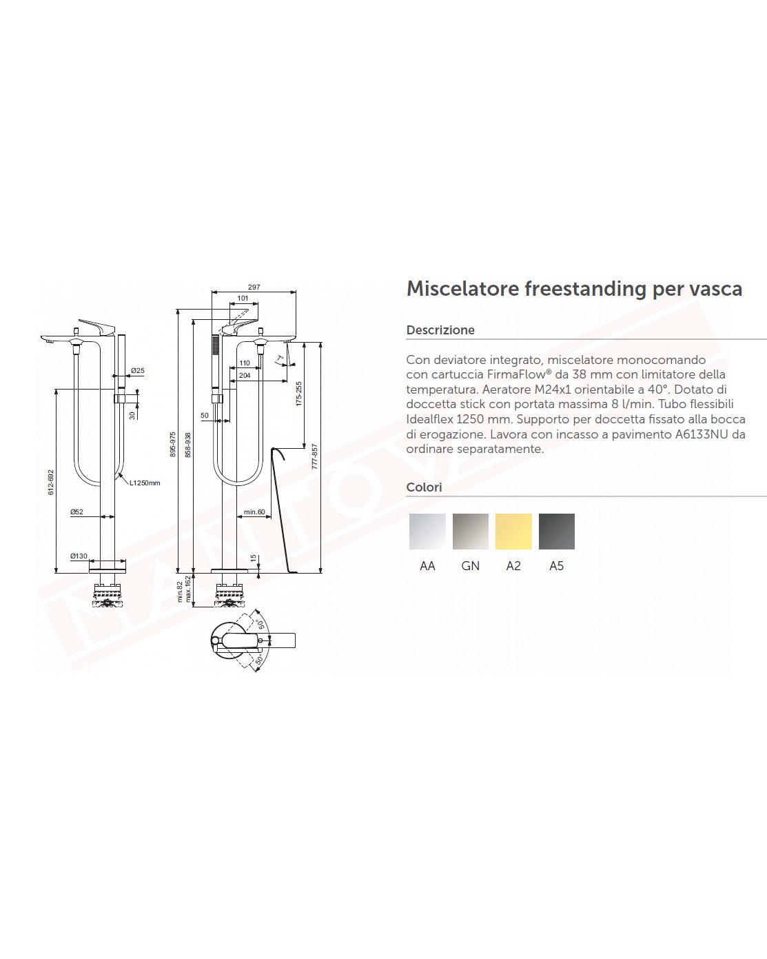 La Dolce Vita Ideal Standard miscelatore da terra per vasca freestanding sporgenza bocca 204 mm