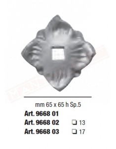 Piastrina in ferro stampato mm 65 x 65 h Sp.5 con foro centrale quadro 17 mm per cancellate e inferriate.