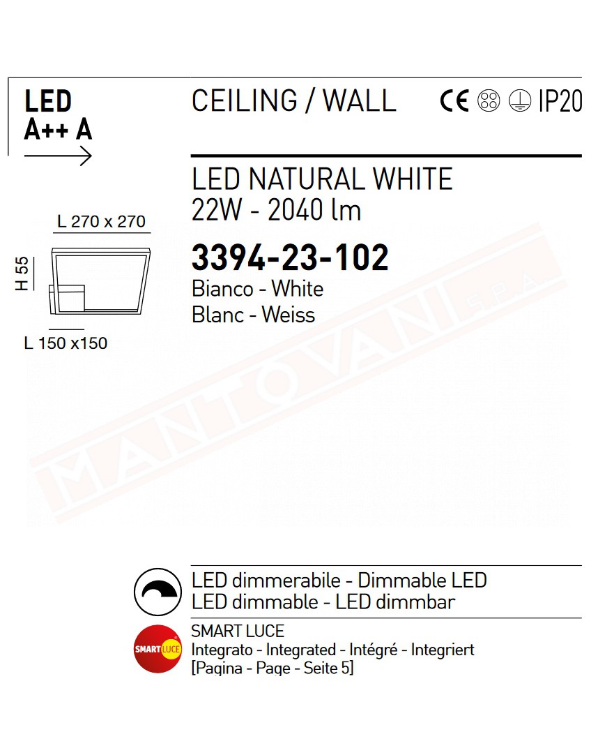Fabas Bard lampada da soffitto\parete a led 22w 1980lm 4000k bianca cm 27X27