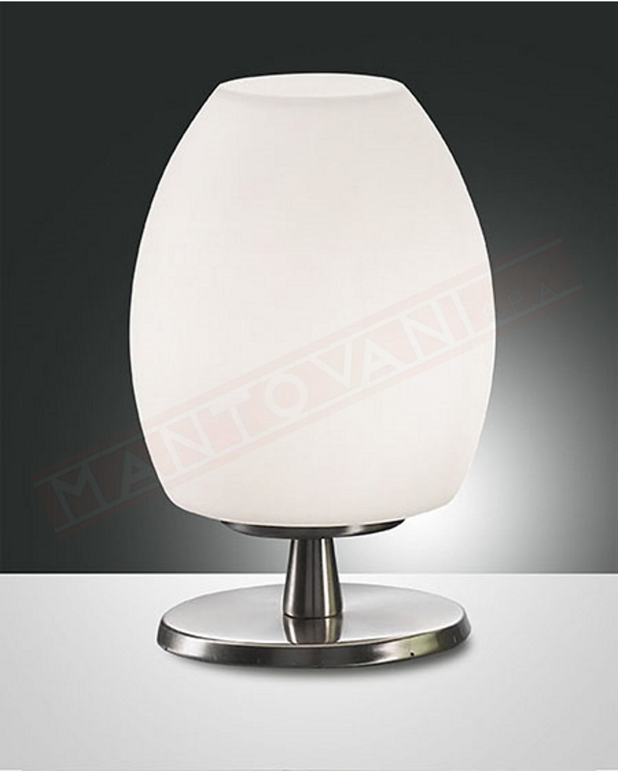 Fabas Rockford lampada da tavolo in vetro soffiato bianco e metallo nikel attacco g9 con regolazione al tocco