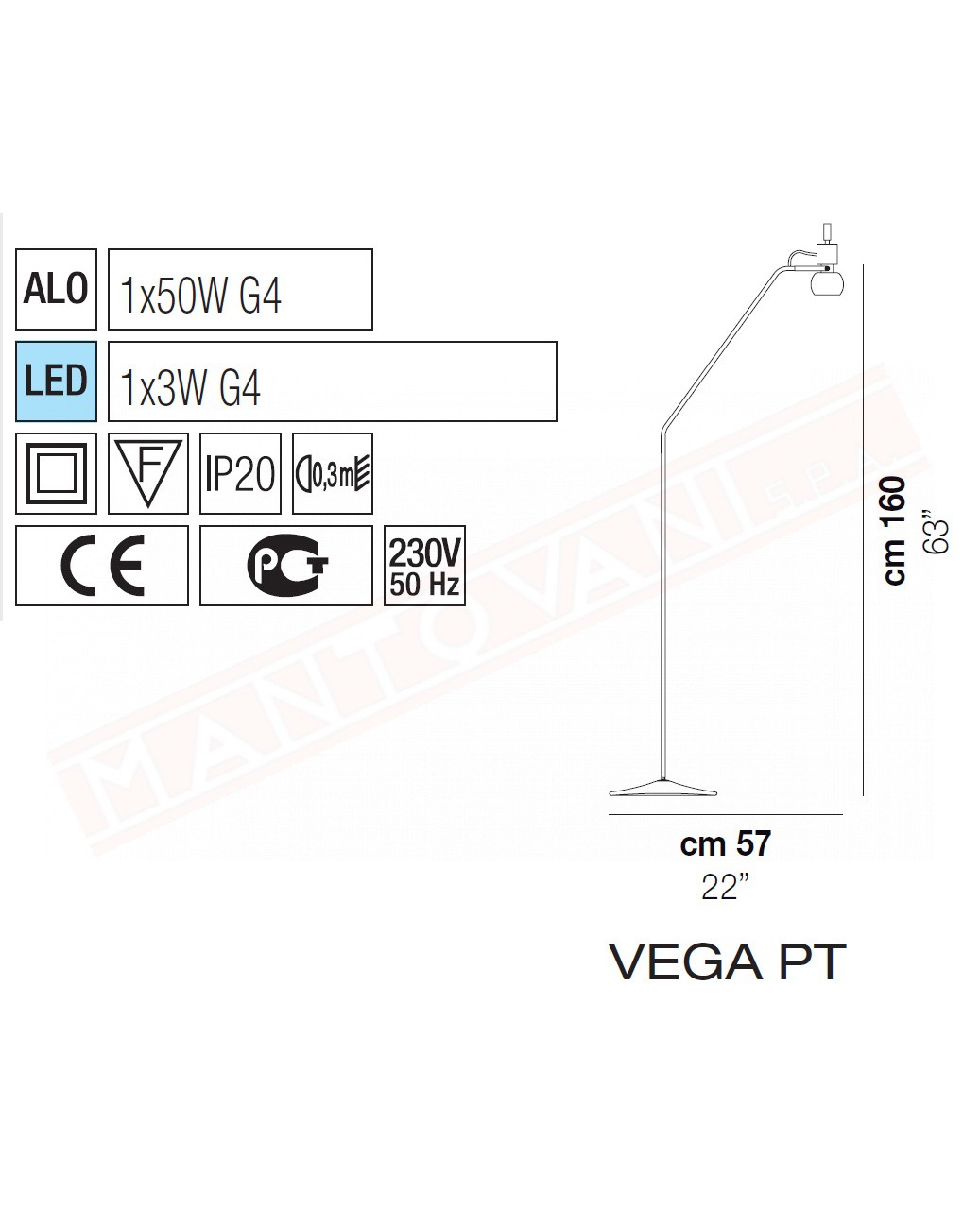 Vistosi Vega lampada da terra in vetro bianco lucido l.57 h.160 1xg4 alogeno