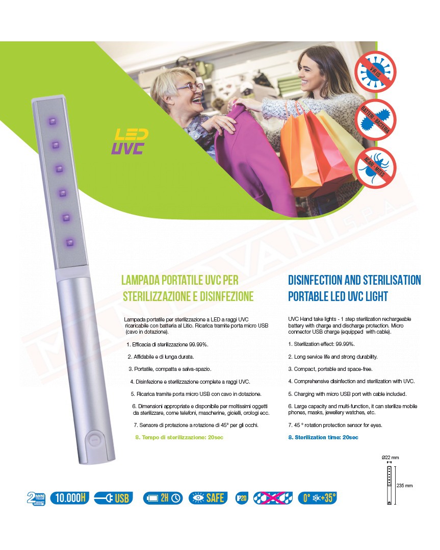 Lampada portatile uvc per sterilizzazione e disinfezione con led uvc ricaricabile usb efficace al 99.9 %