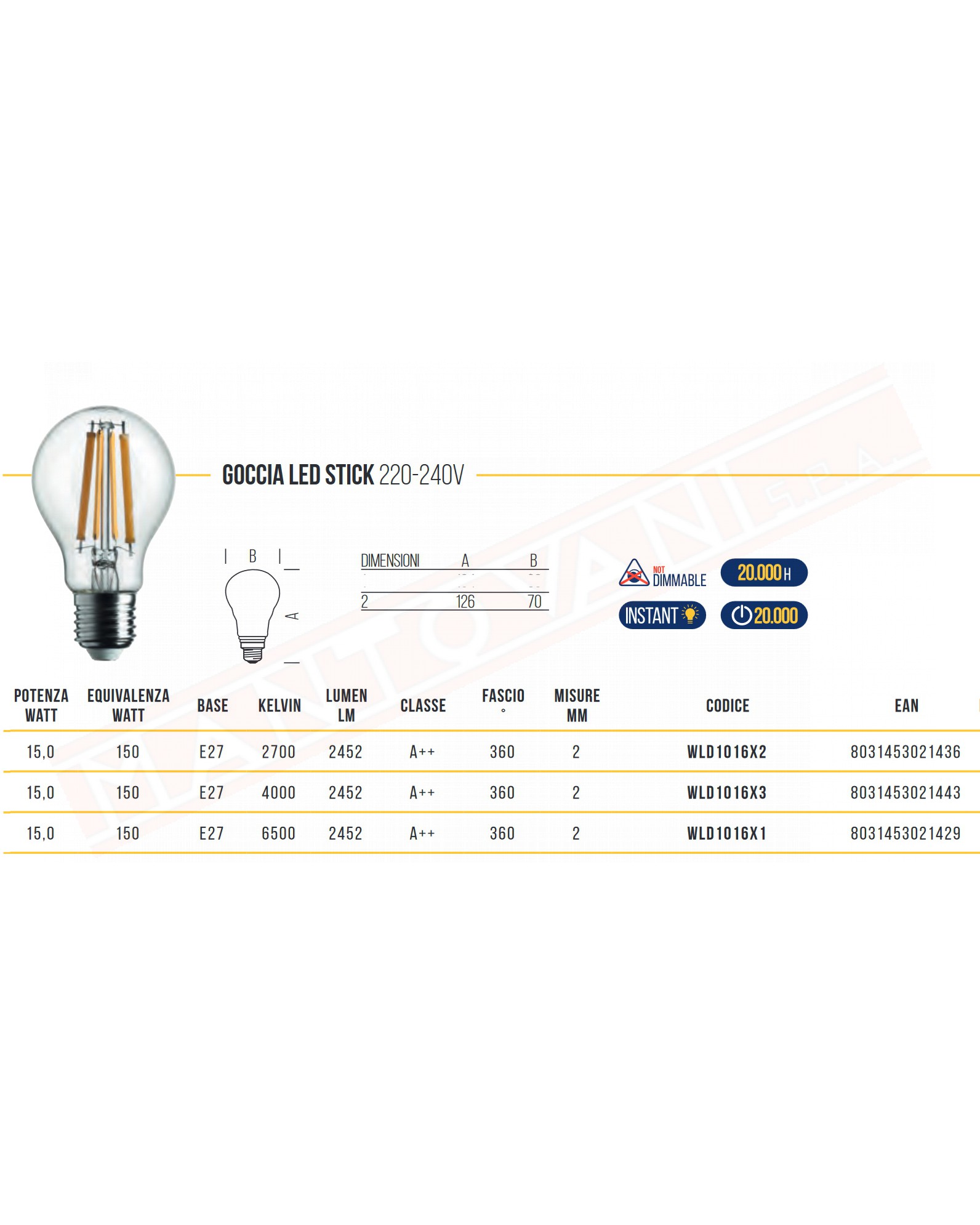 Lampadina led filamento 126x70mm goccia trasparente 15w = 150 w 2452 lumen 2700k classe energetica A++ non dimmerabile