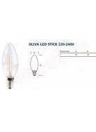 LAMPADINA FILAMENTO LED OLIVA TRASPARENTE E 14 2.5W=25W 250 LUMEN LUCE CALDA 2700K CLASSE ENERGETICA A++
