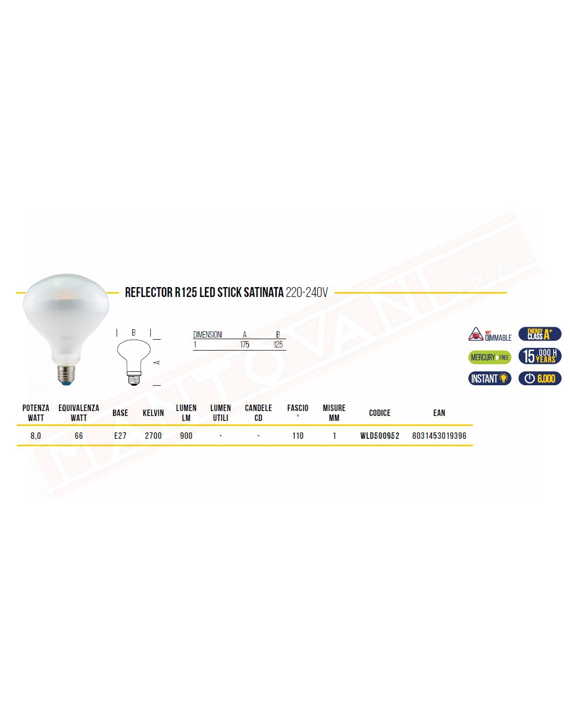 Shot lampadina r125 e27 8w non dimmerabile 2700k luce calda 900 lumen classe enrgetica A+