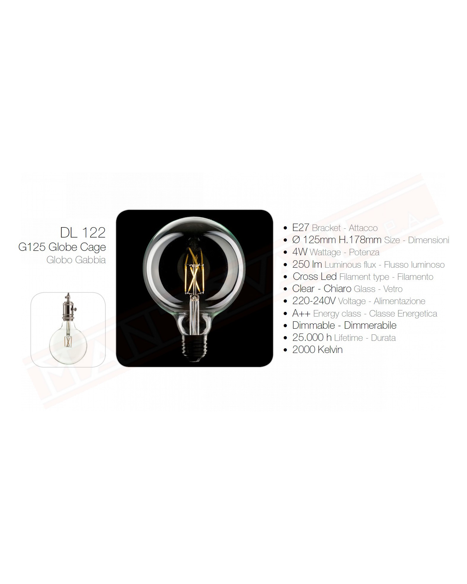 Amarcords lampadina led globe 125 e27 chiara 4 w 250 lumen 2000 k tono caldo victorian led classe energetica A++ 125x178mm