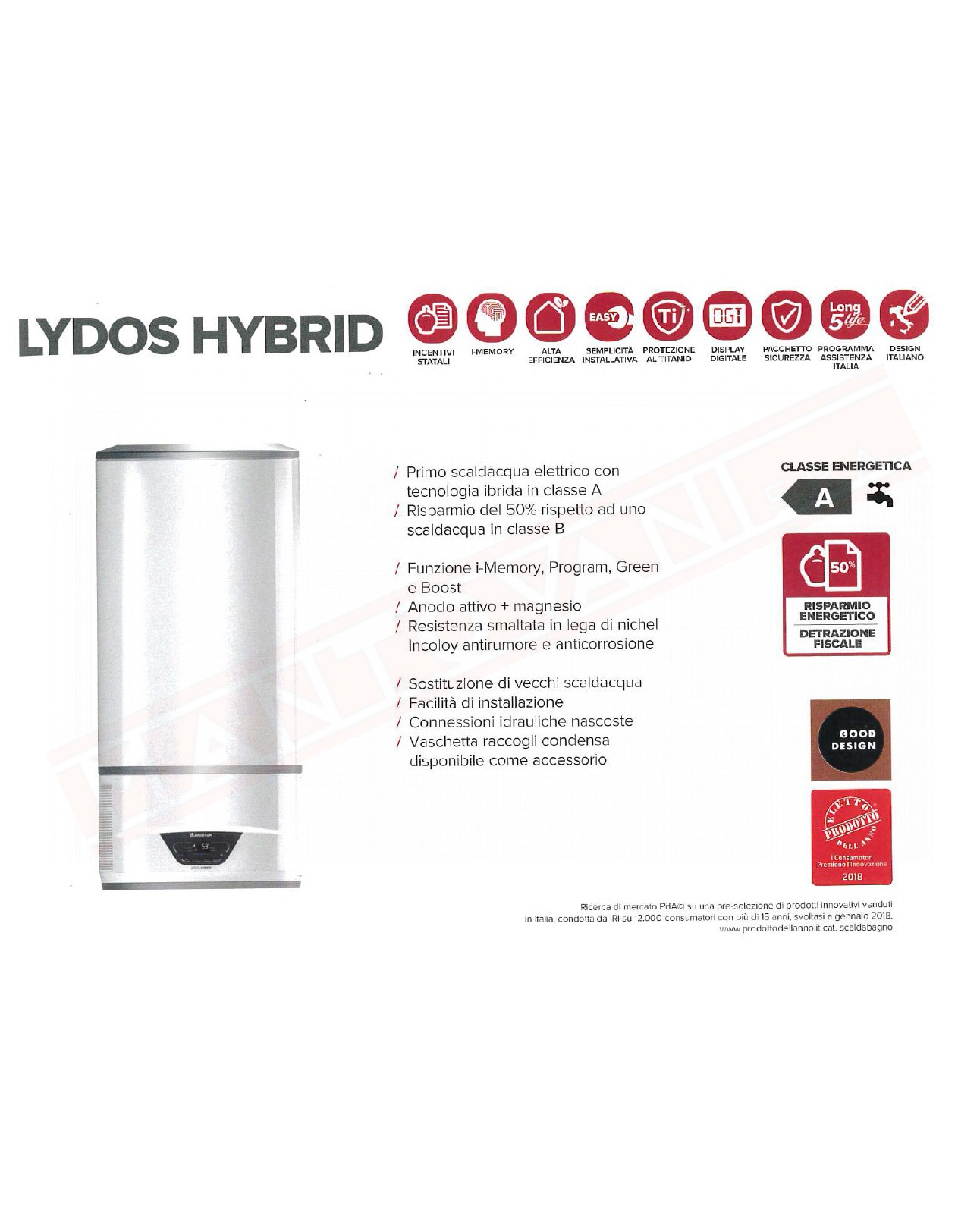 Ariston scaldabagno lydos hybrid 100 classe energetica A diametro 465 h 1153 senza vascetta per condensa classe energ a