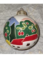 Pallina di natale diametro 7 in terracotta decorata lucida decoro naif con case rurali con albero e ciliegie