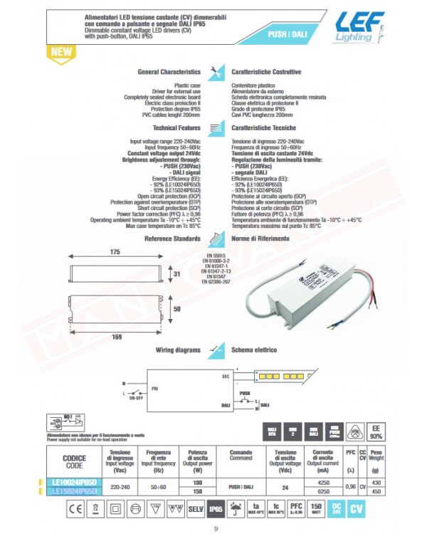 Lef alimentatore per led tensione costante 24V 150W corrente max 6250 MA 175X50X31 MM IP67 dimmerabile