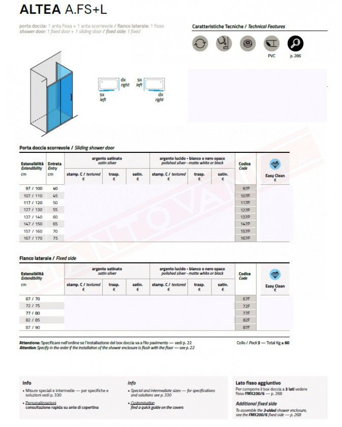 CSA box doccia Altea AFS+L box doccia angolo con un vetro fisso e un anta scorrevole + laterale fisso 6mm misure da 97 a 170