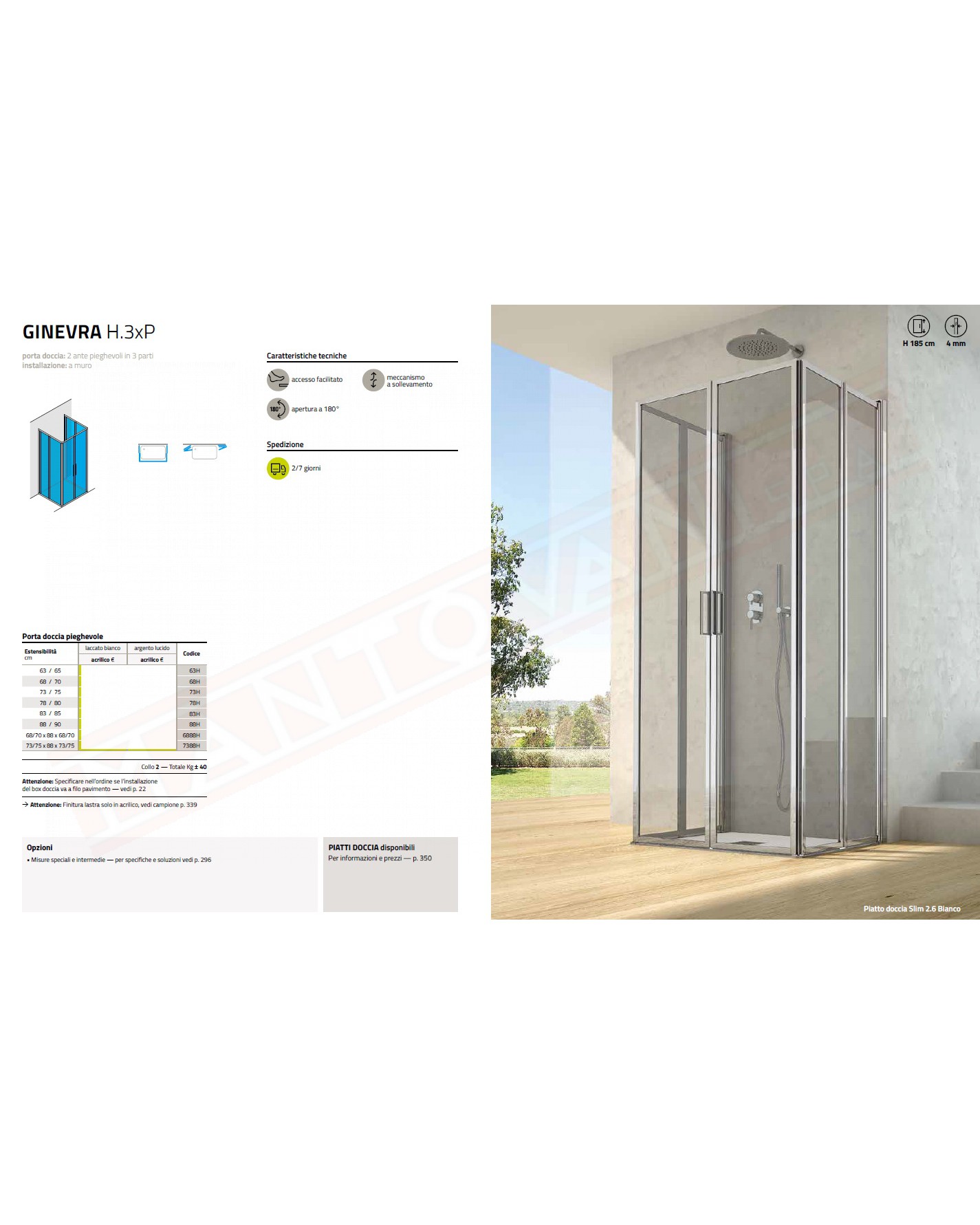 CSA box doccia Ginevra H 3XP porta pieghevole doccia per box centroparete con acrilico 4 mm misure da 63 a 90 h 185