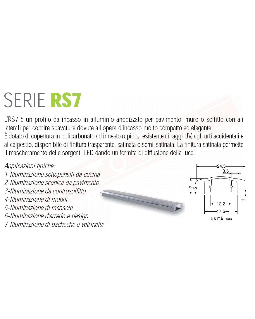 PROFILO DA INCASSO PER STRISCE LED RS7 CON DIFFUSORE TRASPARENTE 24.5X8X2000