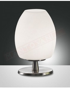 Fabas Rockford lampada da tavolo in vetro soffiato bianco e metallo nikel attacco g9 con regolazione al tocco