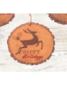 Disco in legno decorato con renna e scritta happy holiday addobbo per albero di natale diametro 9.5 cm shabby chic