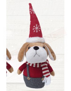Cagnolino con berretto rosso vestito di grigio e rosso con bretelle h 43 cm. . Non adatto come gioco per bambini