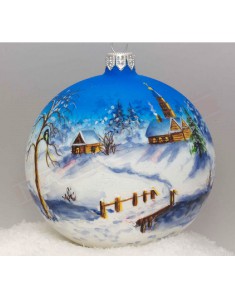 Pallina natalizia vetro satinato con pesaggio innevato diametro 100 fatta a mano