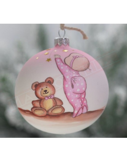 Pallina natalizia vetro rosa satinato decoro bimba e orsetto diametro 100 decoro anno 2021 da collezione