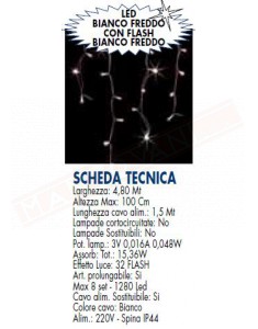 TENDA LUMINOSA PROFESSIONALE SFALSATA 4.8 MT X1M 160LED BIANCHI 32 FLASH CAVO BIANCO PROLUNGABILE FINO 15 TENDE CAVO IN GOMMA