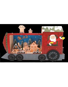 Paesaggio di Natale in legno intagliato a forma di locomotiva con babbo , luci led a batteria con 2 pile escluse aa 50x33x9