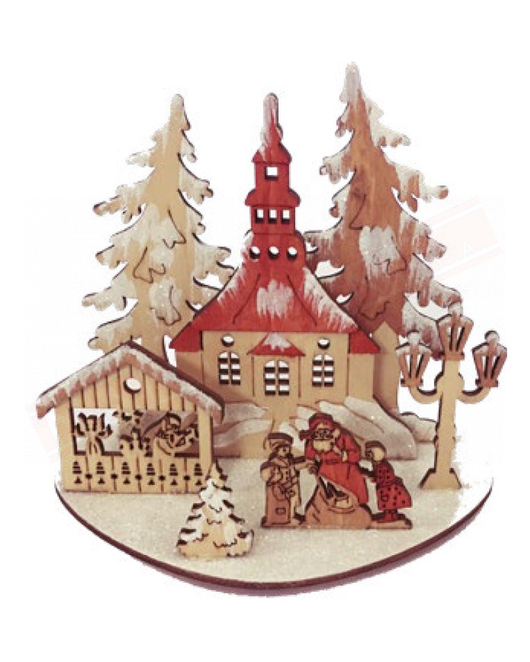 Paesaggio di Natale in legno intagliato con lampione alberi casette e babbo natale