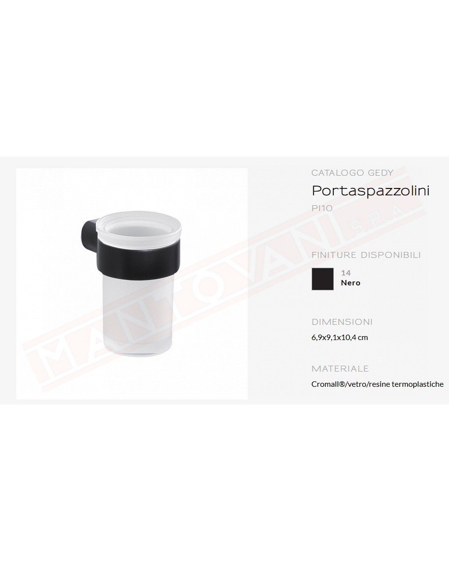 Gedy G.Pirenei portaspazzolini finitura nero opaco con contenitore in vetro misure art. 6,9x9,1x10,4