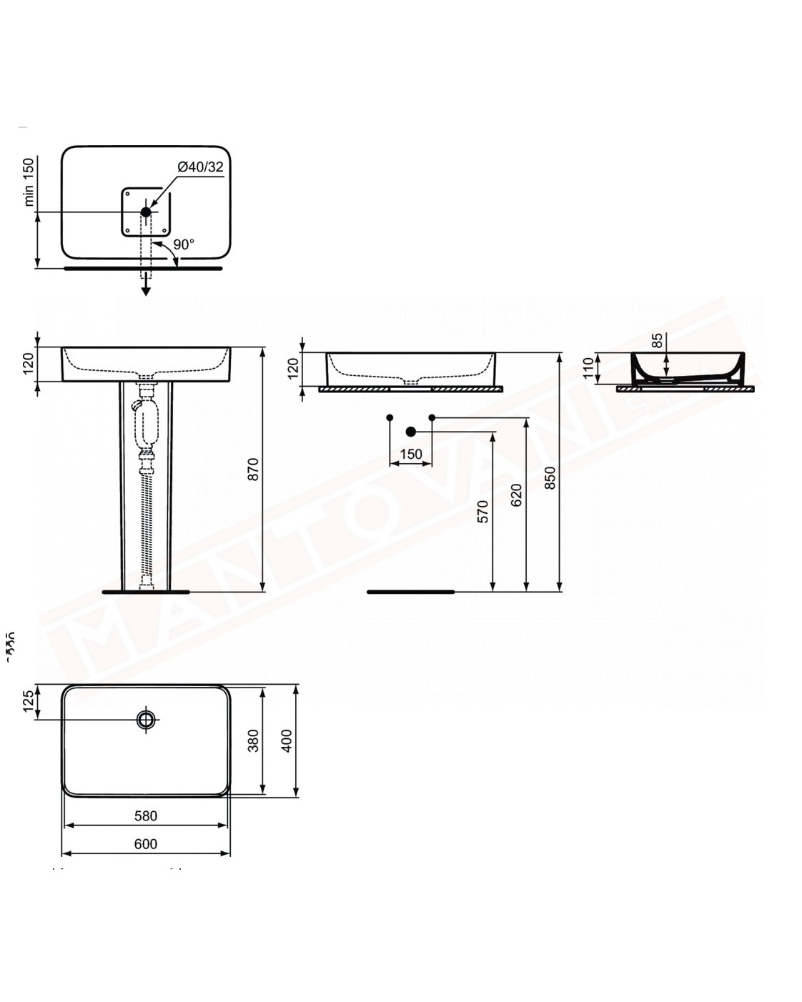 Ideal Standard Conca lavabo bagno da appoggio rettangolare 60x45 cm senza troppopieno e senza foro rubinetto