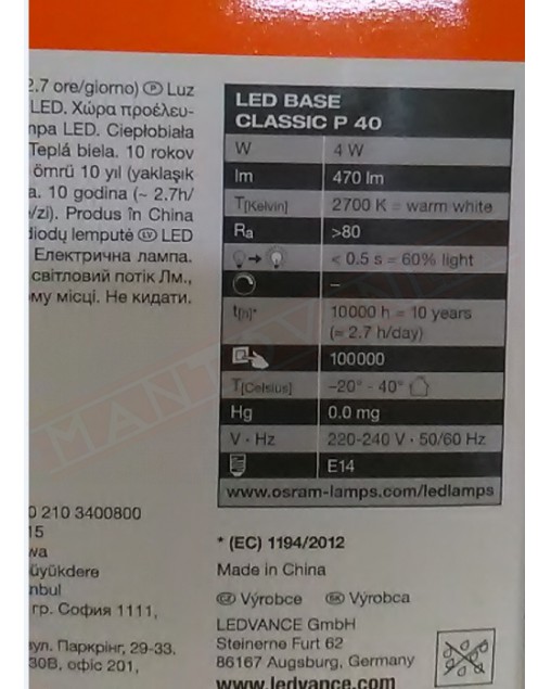 Ledvance box 3 lampadine led 4w 40 smerigliata no dim E14 827 classe energetica A+ 470 lumen 2700 K 78x45 MM