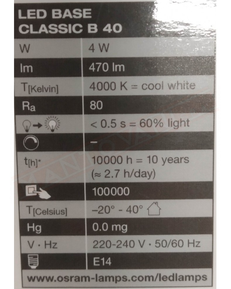 Ledvance box 3 lampadine led 4w E14 oliva chiara no dim 840 classe energetica A+ 470 lumen 4000 K
