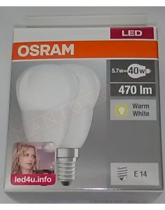Ledvance box 2 lampadine led 5.7w 40 smerigliata no dim E14 827 classe energetica A+ 470 lumen 2700 K 90x45 MM