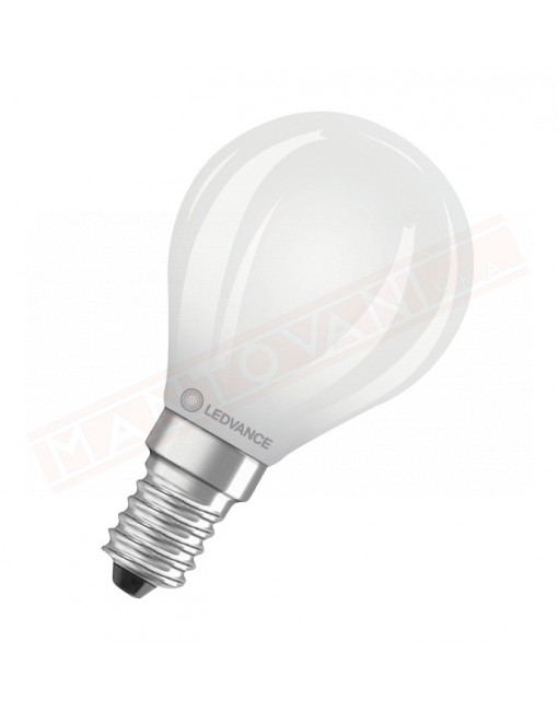 Ledvance lampadina led e14 sferetta smerigliata 5.5 w =60 w osram 827 non dim classe energetica D 806 lumen 2700 K 77x45 mm