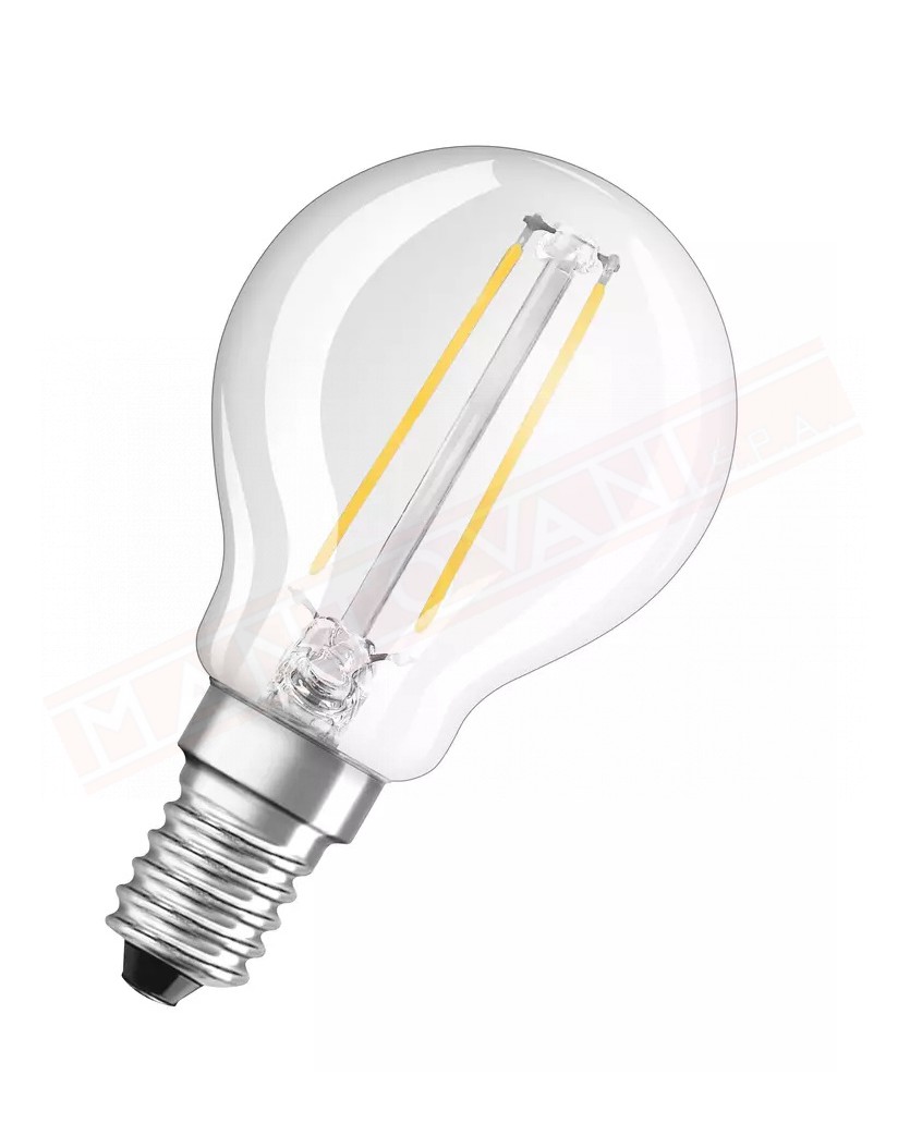 Ledvance lampadina led pallina chiara 2.5w =25w osram E14 827 classe energetica F 250 lumen 2700 K 45x77 mm