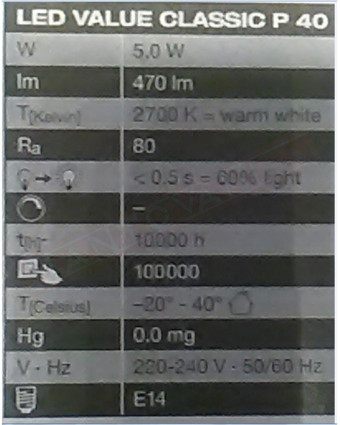 LEDVANCE LAMPADINA LED VALUE CLASSIC P 40 SMERIGLIATA NO DIM E14 827 CLASSE ENERGETICA A+ 5 W 470 LUMEN 2700 K 82X45 MM