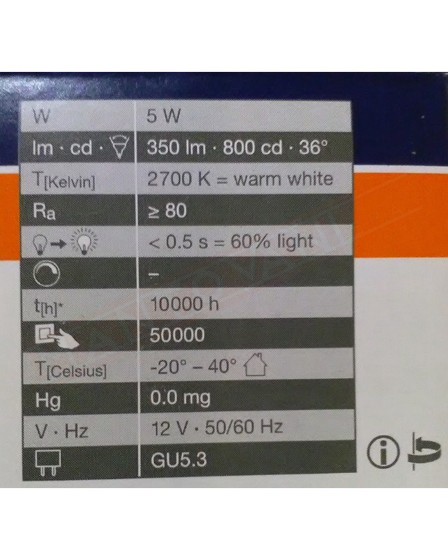 LEDVANCE LAMPADINA LED VALUE PAR16 GU 5.3 4.5W = 35 W NO DIM 827 CLASSE ENERGETICA A+ 3 350 LUMEN 2700 K 50X46 MM