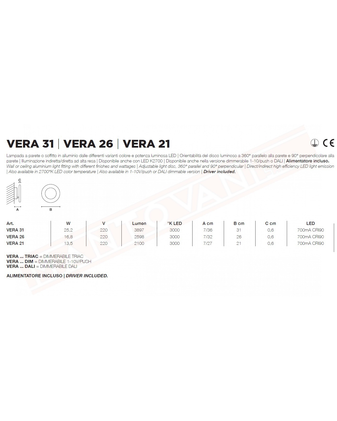 Icone Vera 31 applique bianca con anello nero a led 25.2w 3697 lm 3000k diametro 31 sp.7\36