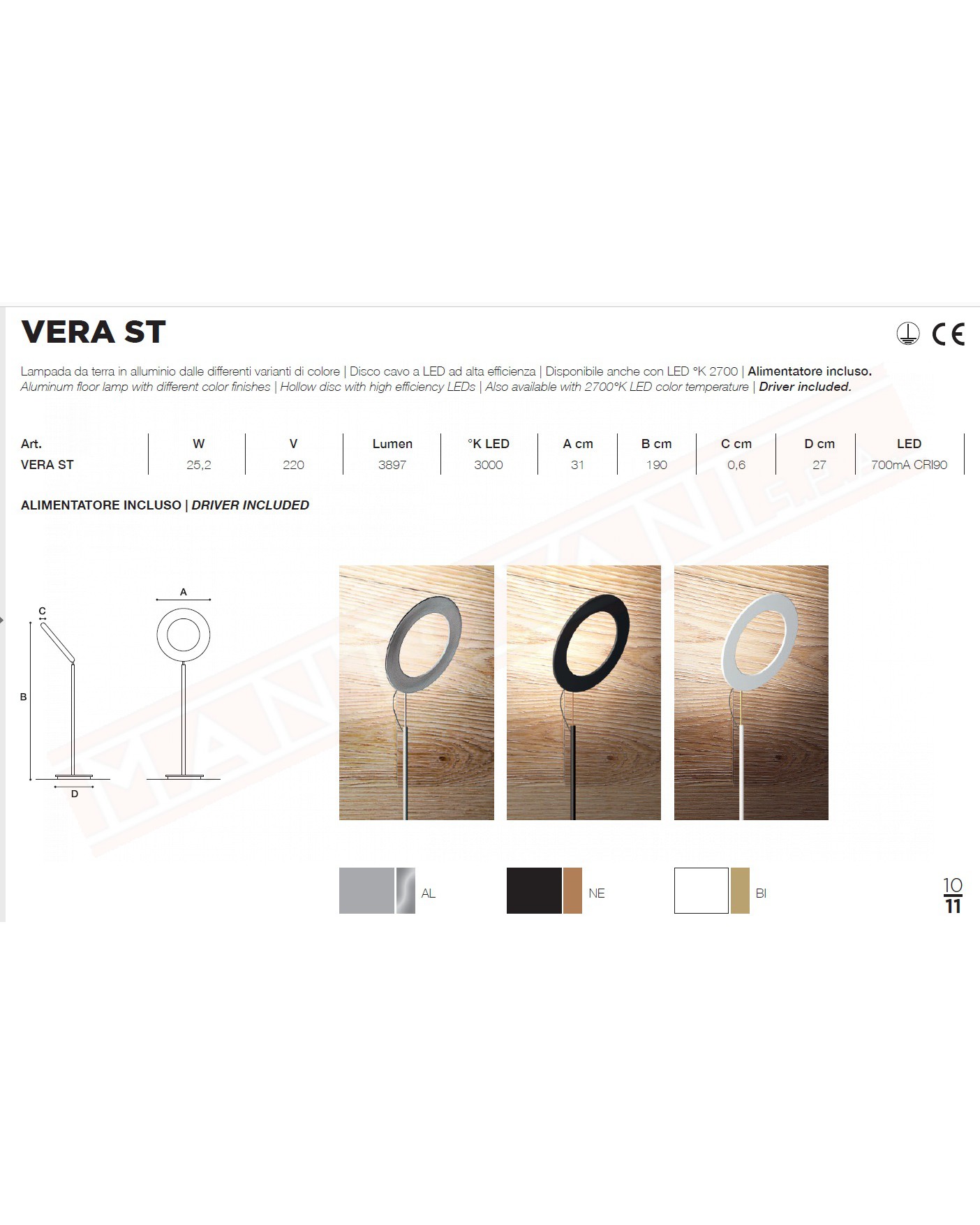 Icone Vera 66 lampada da terra color alluminio a led 25.2w 3897 lm 3000k altezza 190 cm larghezza 31 cm