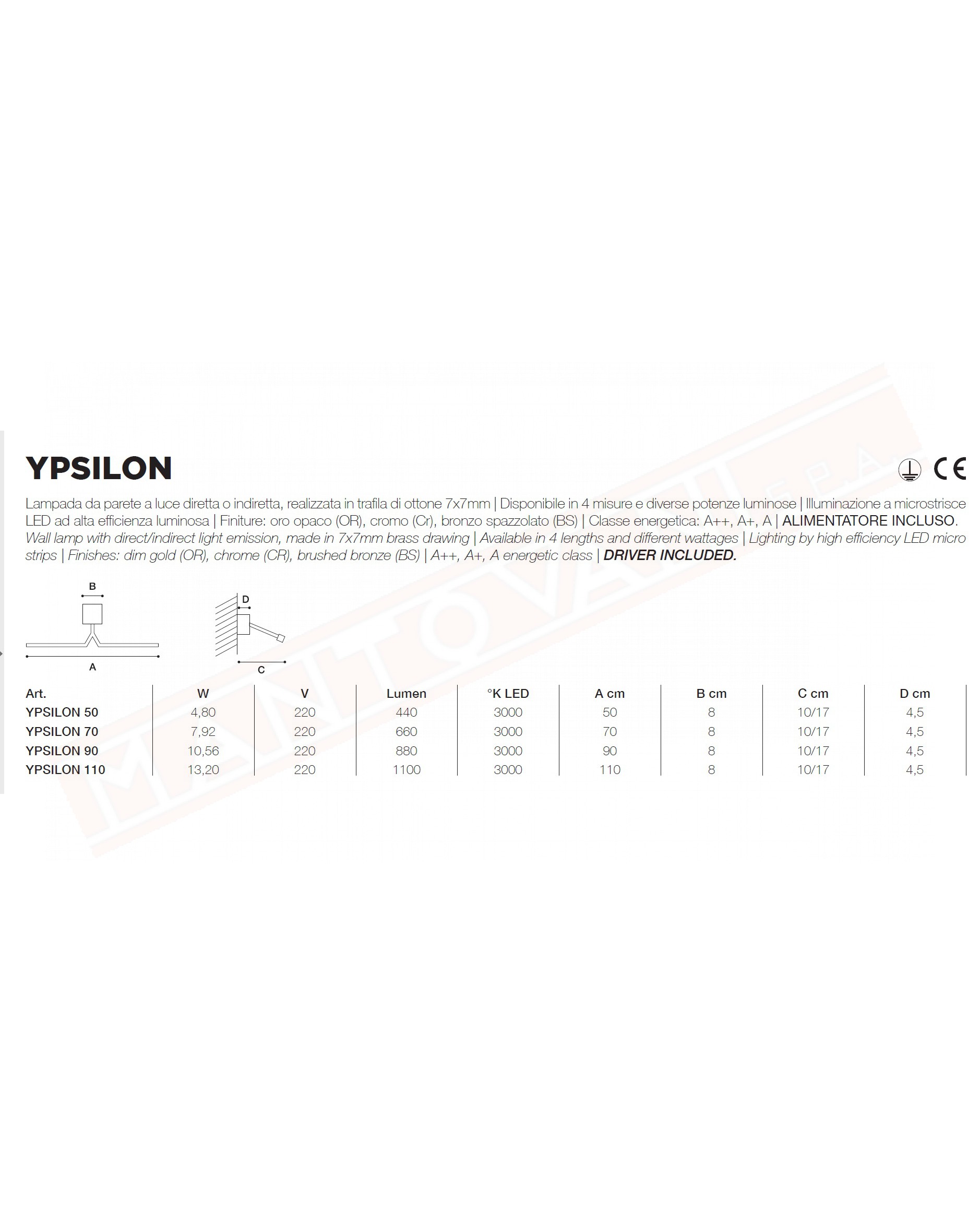 Icone Ypsilon lampada a parete a led 10.56 w 880 lm 3000k cromata lunghezza cm 90 sporgenza 10\17