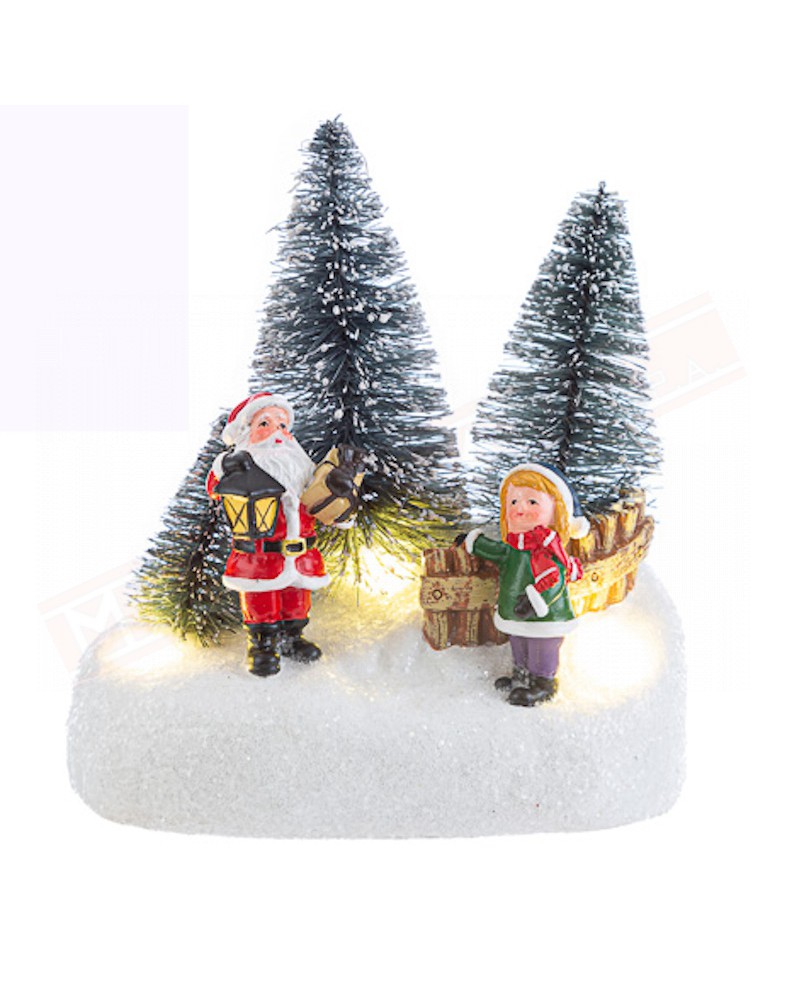 Paesaggio natalizio in resina con led cm 11x6.5 h.13 con alberi Babbo Natale con lanterna e pacco doni con bimba