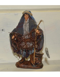 Melu' pescatore con canna da pesca e rete statuina per presepe adatta per personaggi cm 10