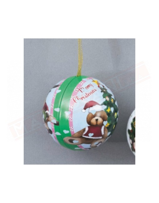 Decorazione natalizia in metallo pallina con soggetti natalizi orsetto e allbero natale