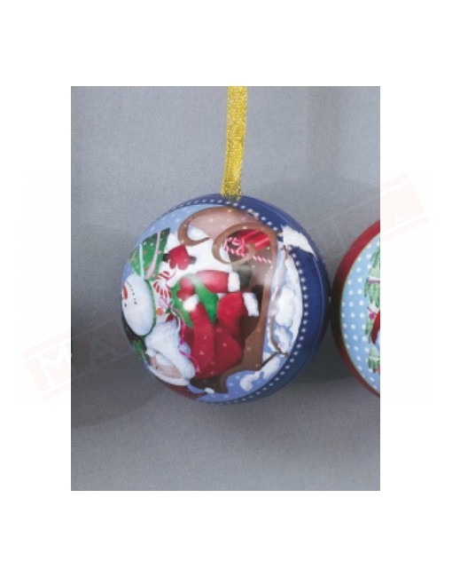 Decorazione natalizia in metallo pallina con soggetti natalizi Babbo Natale su slitta e pupazzo di neve