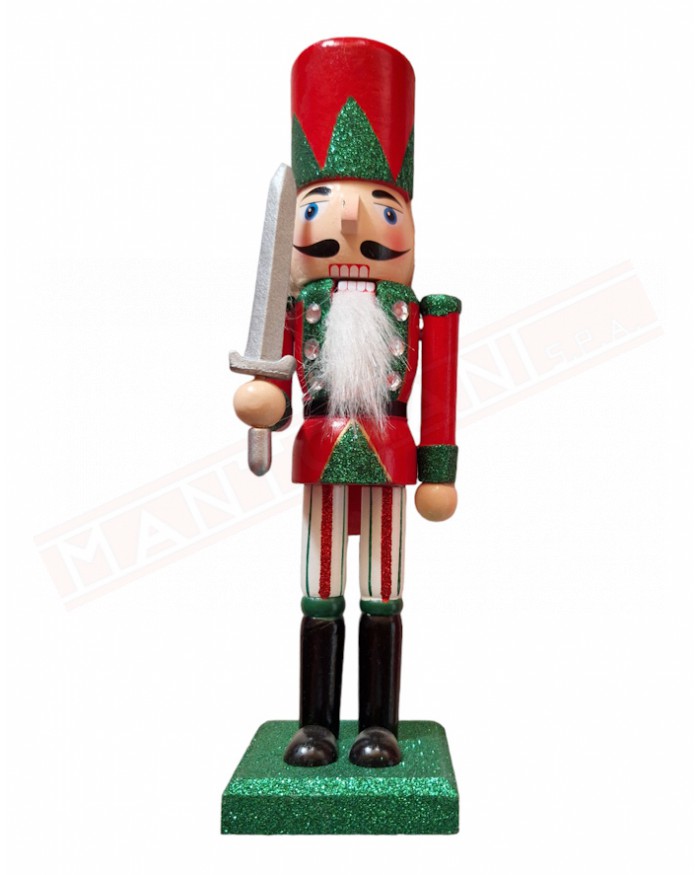 Pupazzo natalizio.Soldatino in legno con spada e giacca rossa. Decorazione natalizia h 25 cm
