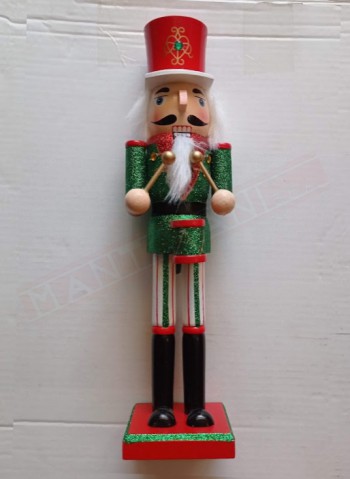 Pupazzo natalizio.Soldatino in legno con bacchette per tamburo e giacca verde . Decorazione natalizia h 38 cm