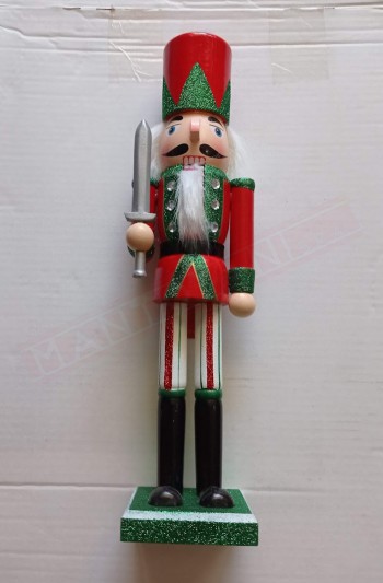 Pupazzo natalizio.Soldatino in legno con spada e giacca rossa verde . Decorazione natalizia h 38 cm