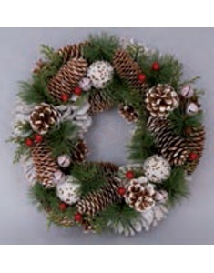 Fuoriporta lusso natalizio corona materiali naturali diametro 30 cm pigne, bacche rosse .rametti pino,