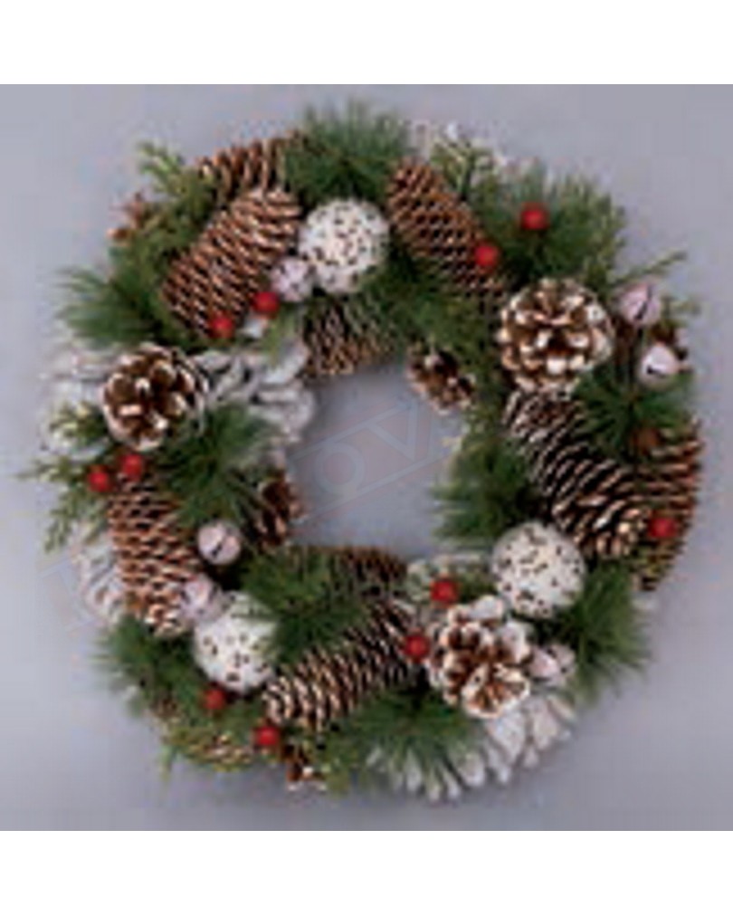 Fuoriporta lusso natalizio corona materiali naturali diametro 30 cm pigne, bacche rosse .rametti pino,