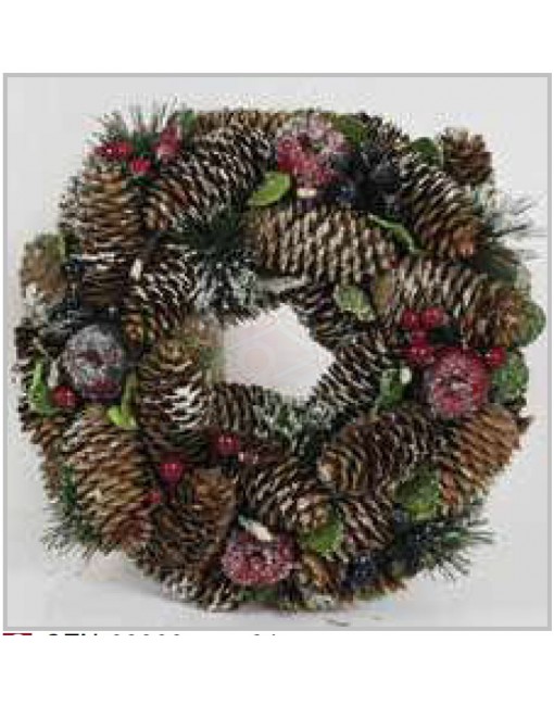 Fuoriporta lusso natalizio corona materiali naturali diametro 24 cm pigne innevate, naturali , bacche rosse .rametti pino,