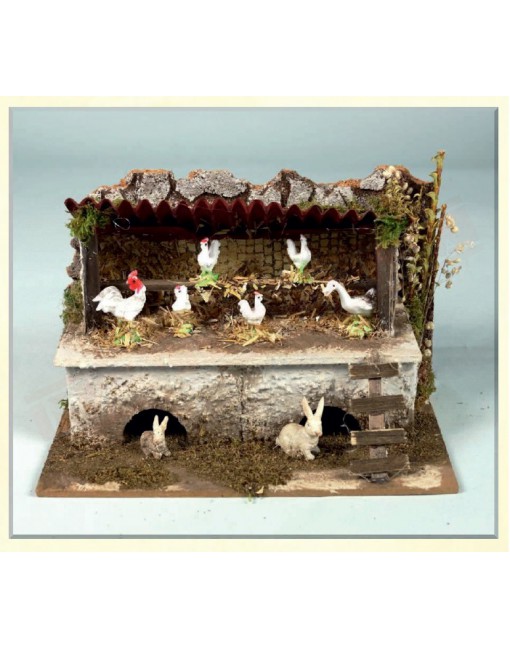 Pollaio con galline e conigli per presepe con statuine da cm 12