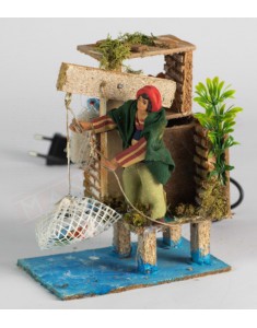 Pescatore che pesca su trabucco Statuina per presepe cm 8 con movimento cm 10x15x17