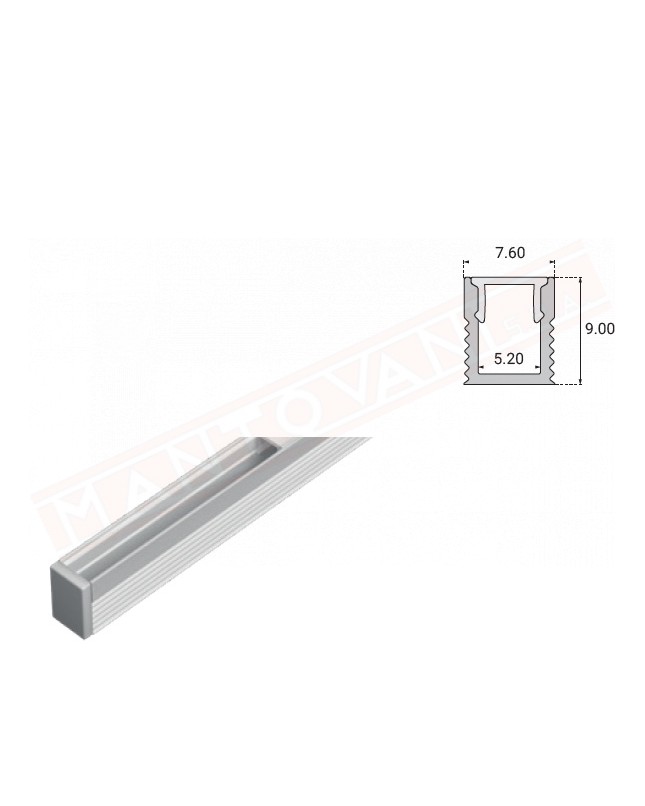 Profilo 2 metri pro 9 alluminio anodizzato argento senza copertura prezzo al pezzo misure 9x7.6 mm copertura 11-6001-30