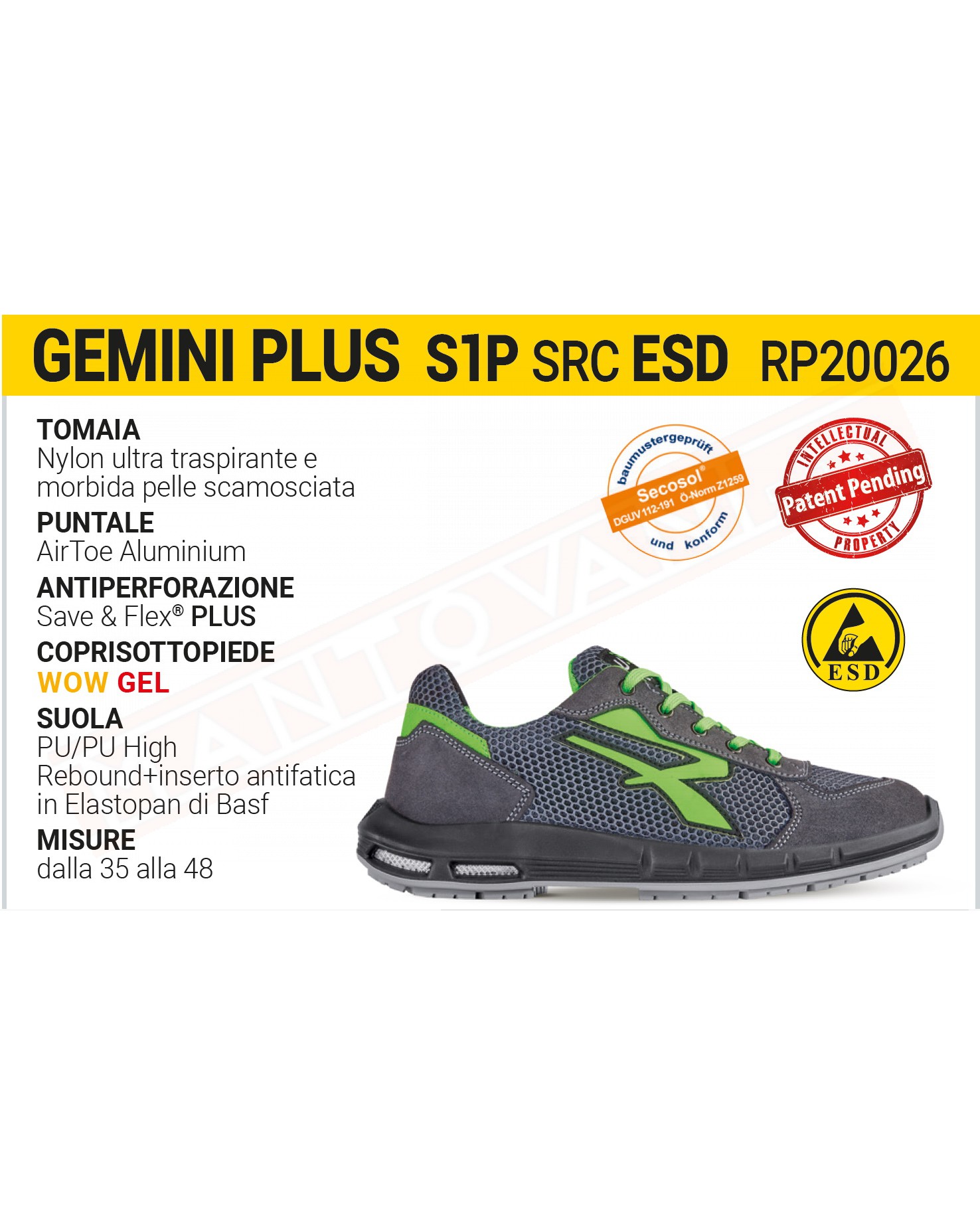 U Power serie RedUP Gemini plus numero 42 S1P SRC ESD scarpa antiinfortunistica